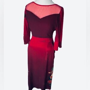Stunning Sheer Overlay Dress Red Burgundy Maroon Floral Fairy Boho Mesh Illusion
